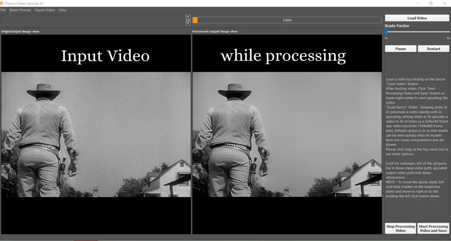 Screenshot shows parallel screenshots of input frame and upscaled frame in Pixbim Video Upscale ai